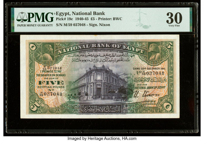 Egypt National Bank of Egypt 5 Pounds 22.12.1941 Pick 19c PMG Very Fine 30. 

HI...