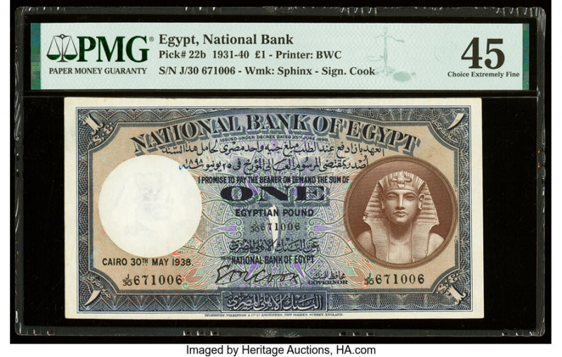 Egypt National Bank of Egypt 1 Pound 30.5.1938 Pick 22b PMG Choice Extremely Fin...