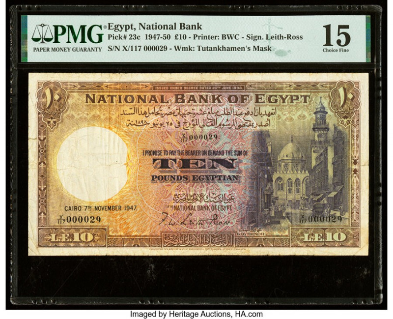 Low Serial Number 000029 Egypt National Bank of Egypt 10 Pounds 7.11.1947 Pick 2...