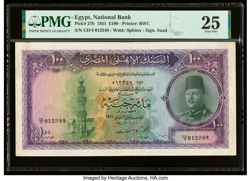 Egypt National Bank of Egypt 100 Pounds 1951 Pick 27b PMG Very Fine 25. 

HID098...