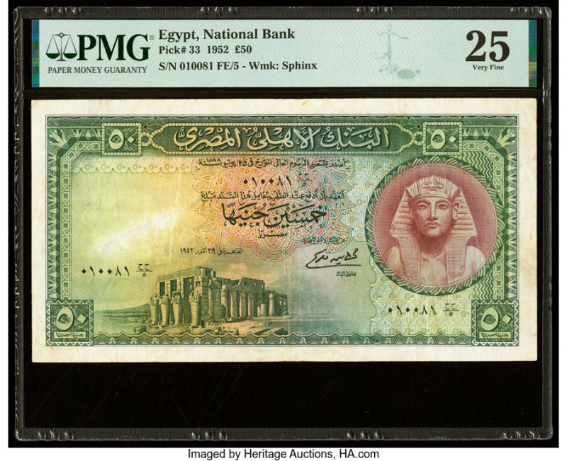 Egypt National Bank of Egypt 50 Pounds 1952 Pick 33 PMG Very Fine 25. Annotation...