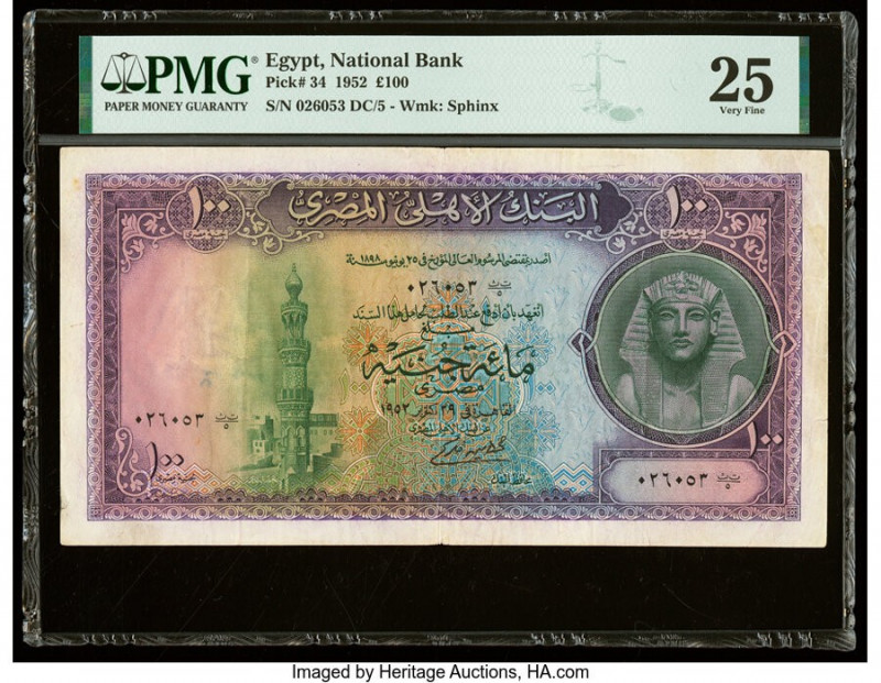 Egypt National Bank of Egypt 100 Pounds 1952 Pick 34 PMG Very Fine 25. A tape re...