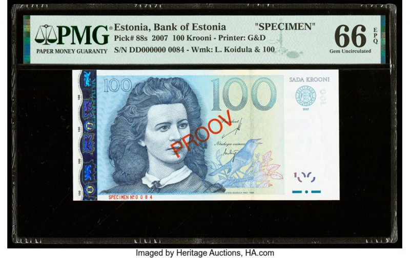 Estonia Bank of Estonia 100 Krooni 2007 Pick 88s Specimen PMG Gem Uncirculated 6...