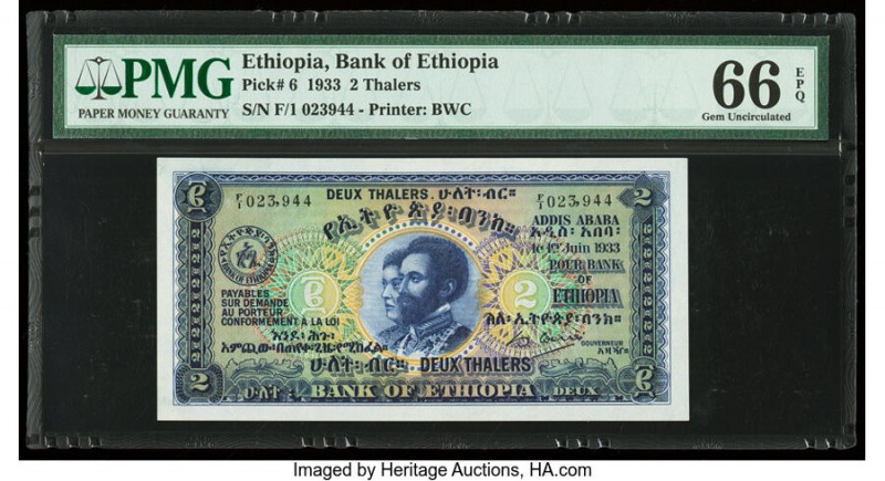 Ethiopia Bank of Ethiopia 2 Thalers 1.6.1933 Pick 6 PMG Gem Uncirculated 66 EPQ....