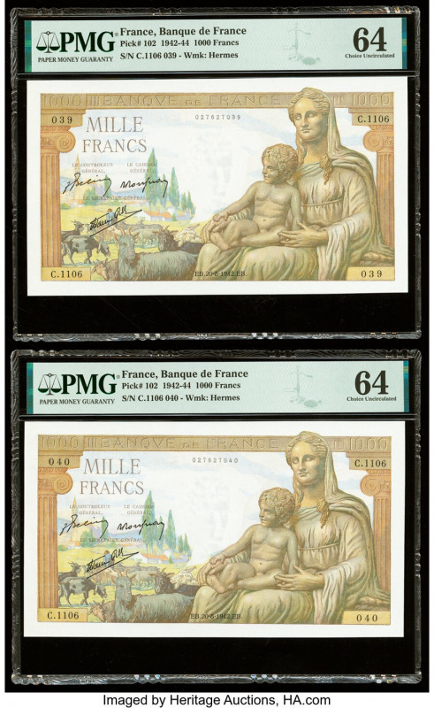 France Banque de France 1000 Francs 20.8.1942 Pick 102 Two Consecutive Examples ...