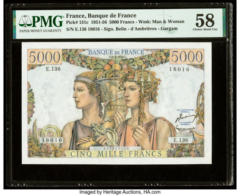 France Banque de France 5000 Francs 2.7.1953 Pick 131c PMG Choice About Unc 58. ...