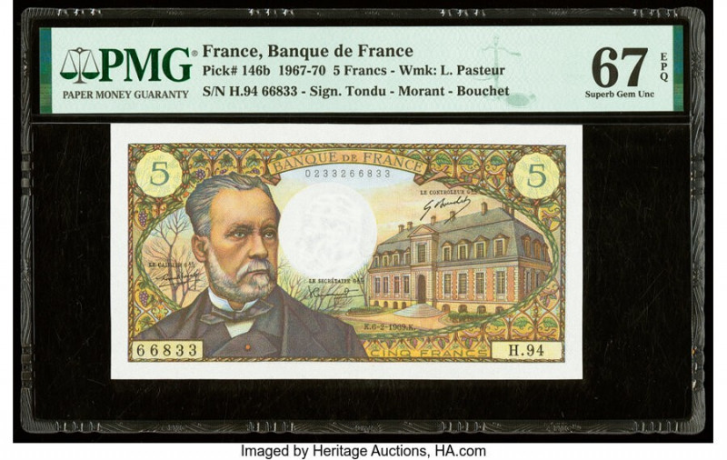 France Banque de France 5 Francs 6.2.1969 Pick 146b PMG Superb Gem Unc 67 EPQ. 
...