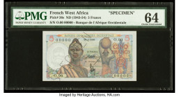 French West Africa Banque de l'Afrique Occidentale 5 Francs ND (1943-54) Pick 36s Specimen PMG Choice Uncirculated 64. A roulette Specimen punch is pr...
