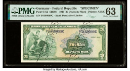 Germany Federal Republic Bank Deutscher Lander 20 Deutsche Mark 22.8.1949 Pick 17s2 Specimen PMG Choice Uncirculated 63. Roulette Specimen punch, purp...
