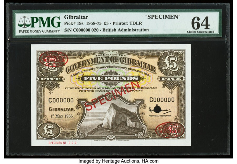 Gibraltar Government of Gibraltar 5 Pounds 1.5.1965 Pick 19s Specimen PMG Choice...