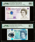 Great Britain Bank of England 20; 5 Pounds 1999 (ND 2004); 2015 Pick 390b; 394 Two Examples PMG Gem Uncirculated 66 EPQ; Superb Gem Unc 67 EPQ; Saint ...