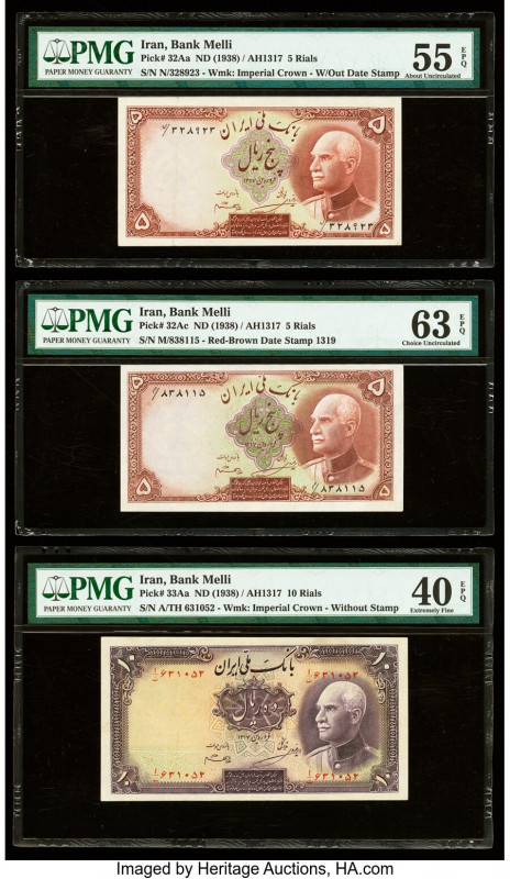 Iran Bank Melli 5 (2); 10 Rials ND (1938) / AH1317 Pick 32Aa; 32Ac; 33Aa Three E...