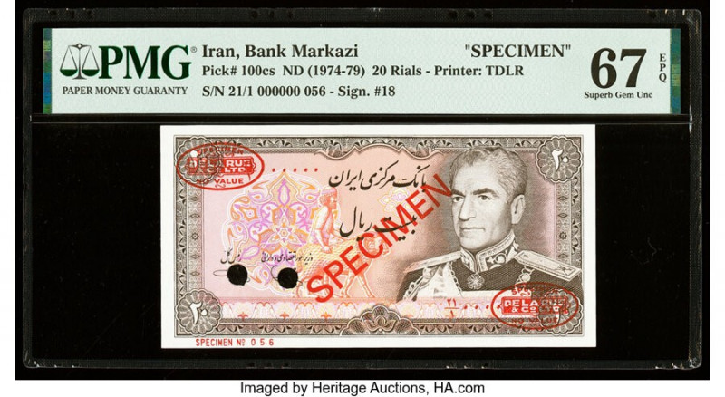 Iran Bank Markazi 20 Rials ND (1974-79) Pick 100cs Specimen PMG Superb Gem Unc 6...