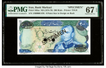 Iran Bank Markazi 200 Rials ND (1974-79) Pick 103as Specimen PMG Superb Gem Unc 67 EPQ. Black Specimen & TDLR overprints and two POCs are present on t...
