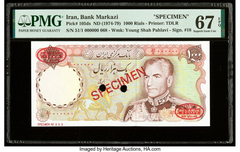 Iran Bank Markazi 1000 Rials ND (1974-79) Pick 105ds Specimen PMG Superb Gem Unc...