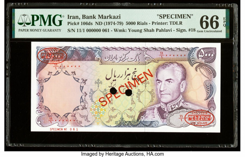 Iran Bank Markazi 5000 Rials ND (1974-79) Pick 106ds Specimen PMG Gem Uncirculat...