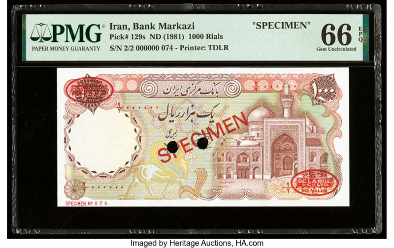 Iran Bank Markazi 1000 Rials ND (1981) Pick 129s Specimen PMG Gem Uncirculated 6...