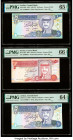 Three Low Serial Number Examples Jordan Central Bank of Jordan 10 (2); 5 Dinars 1992; 1995; 1996 Pick 26a; 30a; 31a PMG Gem Uncirculated 65 EPQ; Gem U...