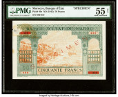 Morocco Banque d'Etat du Maroc 50 Francs ND (1943) Pick 40s Specimen PMG About Uncirculated 55 Net. Red Specimen overprints, paper damage, and a forei...
