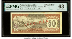 Netherlands Antilles Bank van de Nederlandse Antillen 50 Gulden 28.8.1967 Pick 11as Specimen PMG Choice Uncirculated 63. Red Specimen overprints and m...