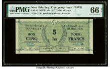 New Hebrides Services Nationaux Francais des Nouvelles Hebrides 5 Francs ND (1943) Pick 1 PMG Gem Uncirculated 66 EPQ. 

HID09801242017

© 2022 Herita...