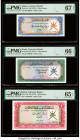 Oman Oman Currency Board 1/4; 1/2; 1 Rial Omani ND (1973) Pick 8a; 9a; 10a Three Examples PMG Superb Gem Unc 67 EPQ; Gem Uncirculated 66 EPQ; Gem Unci...