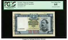 Portugal Banco de Portugal 50 Escudos 28.4.1953 Pick 160s Specimen PCGS Very Choice New 64. A roulette Specimen punch and red Sm valor overprints are ...