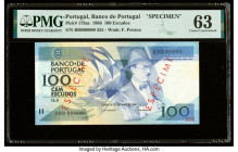 Portugal Banco de Portugal 100 Escudos 16.10.1986 Pick 179as Specimen PMG Choice Uncirculated 63. Red Especimen overprints And minor stains are presen...
