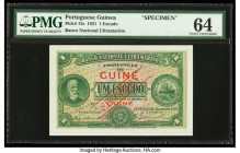 Portuguese Guinea Banco Nacional Ultramarino, Guine 1 Escudo 1.1.1921 Pick 12s Specimen PMG Choice Uncirculated 64. A roulette Specimen punch and red ...