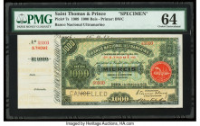 Saint Thomas and Prince Banco Nacional Ultramarino 1000 Reis 1.3.1909 Pick 7s Specimen PMG Choice Uncirculated 64. A roulette Cancelled punch and prin...