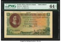 South Africa South African Reserve Bank 5 Pounds 23.1.1958 Pick 97s Specimen PMG Choice Uncirculated 64 Net. Previous mounting, a roulette Specimen pu...