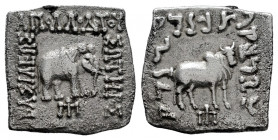 Kings of Bactria. Apollodotos I Soter. Drachm. 174-160 BC. (Sng Ans-337/43). (Bopearachchi-4g). Anv.: ΒΑΣΙΛΕΩΣ ΑΠΟΛΛΟΔΟΤΟΥ ΣΩΤΗΡΟΣ, elephant to right,...