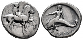 Calabria. Tarentum. Nomos. 365-355 BC. (Vlasto-452). (HN Italy-879). Anv.: Youth on horseback right; Θ below. Rev.: Taras astride dolphin lef with wre...