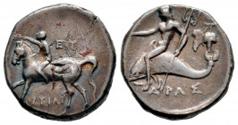 Calabria. Tarentum. Nomos. 272-240 BC. (HN Italy-III 1026). (Vlasto-844). Anv.: Ephebe, nude, holding the reins with his left hand and wreath with his...