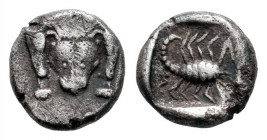 Caria. Mylasa. Hemiobol. Century IV BC. (SNG Kayhan-934/8 var). (Sng Keckman-917 var). Anv.: Facing forepart of lion. Rev.: Scorpion with tail to righ...