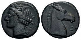 Carthage. AE 18. 300-264 BC. Sardinia. (Sng Cop-151). Anv.: Wreathed head of Tanit to left. Rev.: Head of horse to right, letter o to right. Ae. 5,16 ...