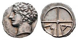 Galia. Massalia. Obol. 121-49 BC. (Depeyrot-58). (SNG Leipzig-10/1). Anv.: Bare head of Apollo to left . Rev.: MA within wheel of four spokes. Ag. 0,6...