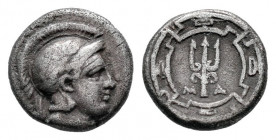 Ionia. Magnesia ad Maeandrum. Obol. 400-350 BC. (SNG Kayhan-404/7). (Sng von Aulock-2032). Anv.: Helmeted head of Athena to right. Rev.: Trident, M-A ...