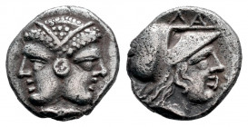 Mysia. Lampsakos. Diobol. Century IV-II BC. (Sng von Aulock-1295). (Sng Bnf-1193). Anv.: Female janiform head, with circular earring. Rev.: Helmeted h...