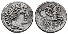 Arekoratas. Denarius. 150-20 BC. Agreda (Soria). (Abh-97). Anv.: Male head right, iberian letters SOS behind. Rev.: Horseman right, holding spear (onl...