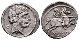 Arekoratas. Denarius. 150-20 BC. Agreda (Soria). (Abh-99). Anv.: Male head right, iberian letter KU behind. Rev.: Horseman right, holding spear (only ...