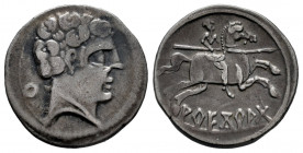 Arekoratas. Denarius. 150-20 BC. Agreda (Soria). (Abh-105). Anv.: Male head right, iberian letter KU with central pellet behind. Rev.: Horseman right,...