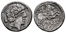 Arekoratas. Denarius. 150-20 BC. Agreda (Soria). (Abh-110). (Acip-1760). Anv.: Male head right, iberian letter KU with central pellet behind. Rev.: Ho...