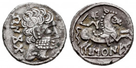 Baskunes-Barskunes. Denarius. 120-20 BC. Pamplona. (Abh-215). (Acip-1631). (C-11). Anv.: Bearded head right, iberian legend BENKODA behind. Rev.: Hors...