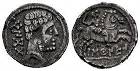 Baskunes-Barskunes. Denarius. 120-20 BC. Pamplona. (Abh-215). (Acip-1630). (C-10). Anv.: Bearded head right, iberian legend BENKODA behind. Rev.: Hors...