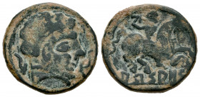 Arsaos. Unit. 120-20 BC. Pamplona. (Abh-217). Anv.: Bearded head right between dolphin and plough. Rev.: Horseman right, holding sword, iberian legend...