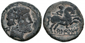 Belikiom. Unit. 120-20 BC. Belchite (Zaragoza). (Abh-243). Anv.: Bearded head right, iberian letter BE behind. Rev.: Horseman right, holding spear, ib...
