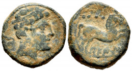 Belikiom. Quadrans. 120-20 BC. Belchite (Zaragoza). (Abh-247). (Acip-1436). (C-7). Anv.: Bearded head right, iberian letter BE behind. Rev.: Horse lea...