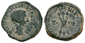 Bilbilis. Augustus period. Half unit. 27 BC - 14 AD. Calatayud (Zaragoza). (Abh-281). Anv.: AVGVSTVS. DIVI. F. PATER. PATRIAE. around laureate head of...