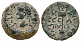 Caesaraugusta. Time of Tiberius. Cuadrante. 14-36 AD. Zaragoza. (Abh-381). Anv.: TI. C(AESAR. A)VGVSTVS. Laureate head of Tiberius left. Rev.: Vexillu...